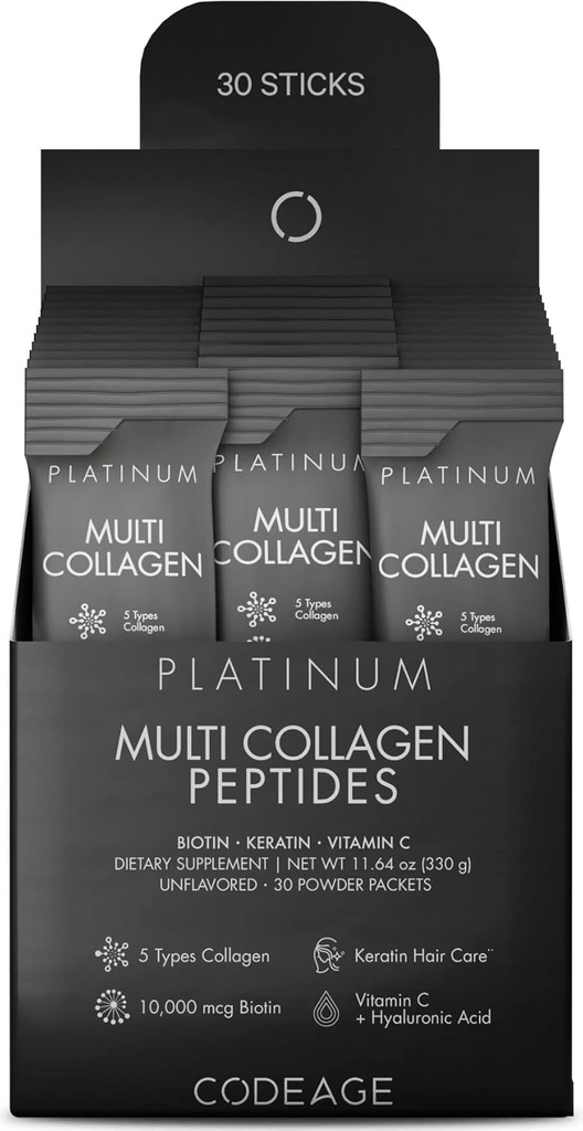 Codeage Multi Collagen e Biotin 10.000 mcg + Vitamina C, B6 & D3, Keratin, Acido Ialuronico, Niacina, 18 Aminoacidi - Supplemento Stick Packs - 5 tipi di proteine del collagene – 30 pacchetti di polvere
