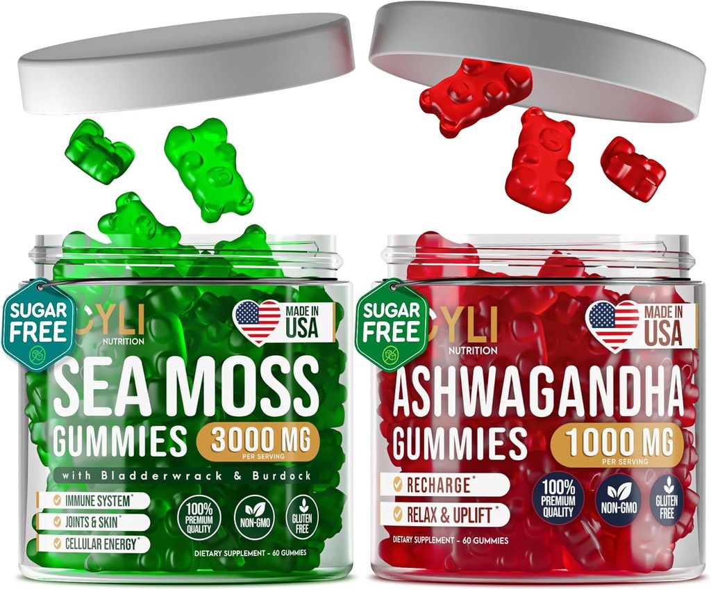 Irský Moss & Ashwagandha Gummies - Ashwagandha Doplňky pro dospělé, děti - Irský Moss Bladderwrack Burdock Root Ashwagandha - 60 Ashwagandha, 60 Irský Moss Gummies