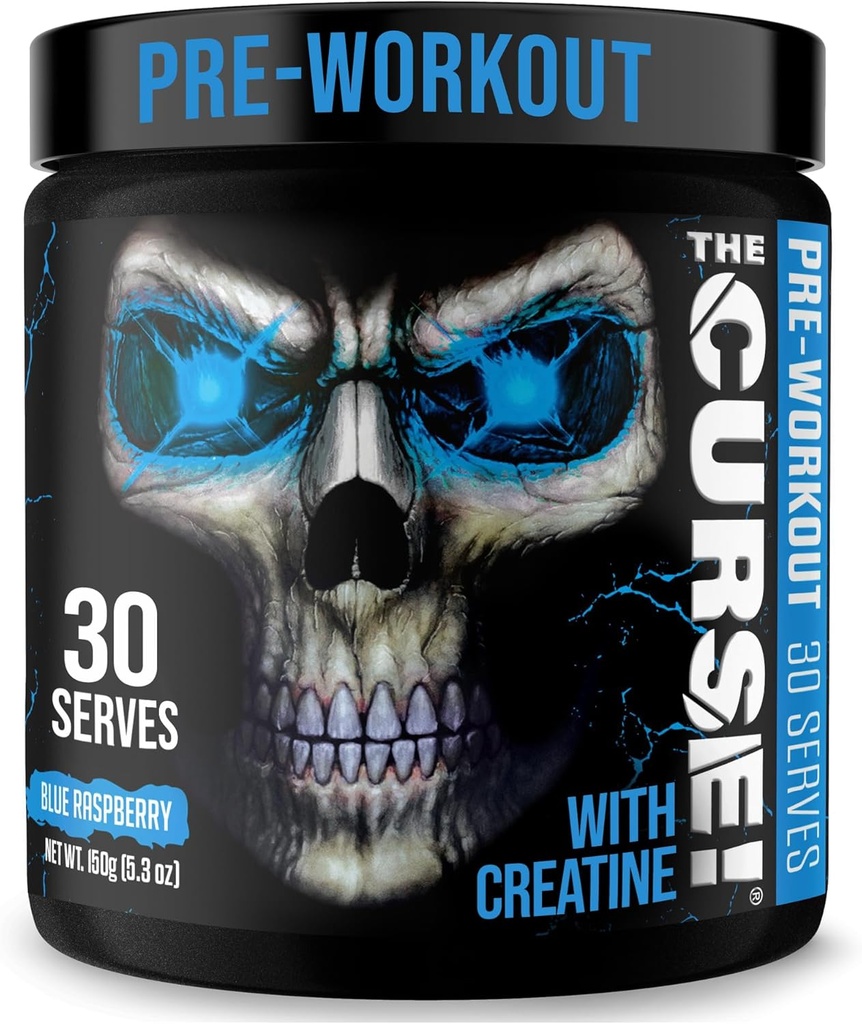 JNX SPORTS The Curse! Polvere pre allenamento per uomini e donne, caffeina, beta-alanina, creatina, L-citrullina, 30 porzioni, aroma di lampone blu – Boost Energy, Forza & Focus