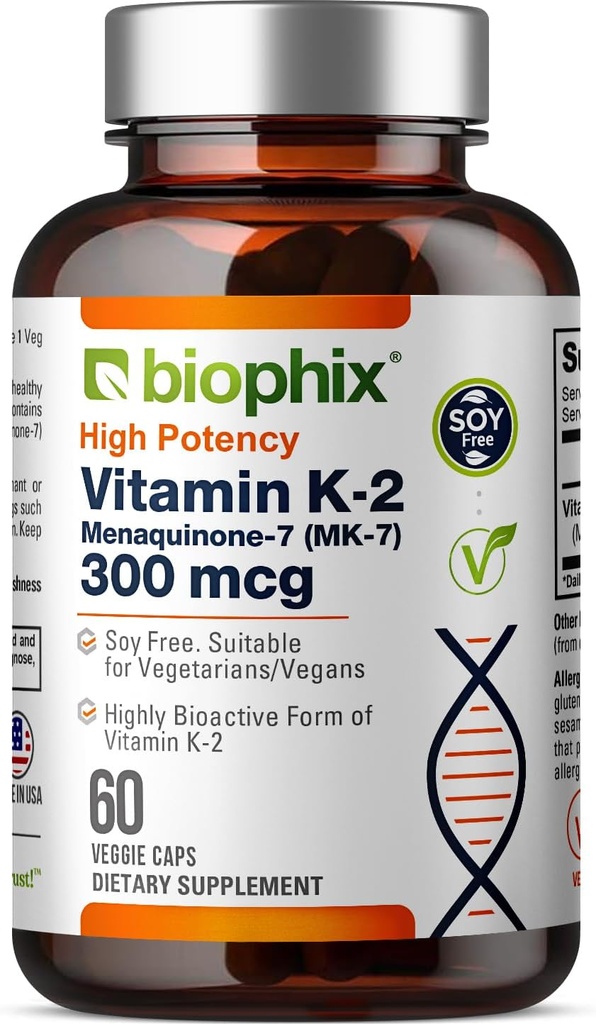 Biophix Vitamin K2 MK-7 300mcg, 60 Vegan Capsules - Högpotens Supplement för benstyrka och immunhälsa