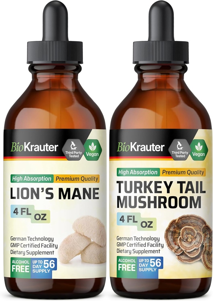 BIO KRAUTER Lion 's Mane Tincture 4 Fl. Oz. & Turkey Tail Mushroom Tincture 4 Fl. Oz.