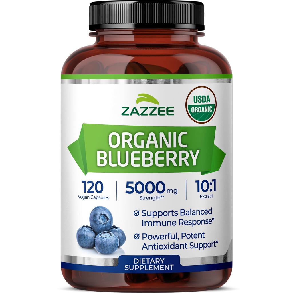 Zazzee USDA Organic Blueberry 10:1 Extract, 120 Vegan Capsules, 4 Month Supply, Whole Fruit, Vaccinium Angustifolium, Antioxidant & Cellular Health Support, Herbal Supplement, Non-GMO, Made in the USA