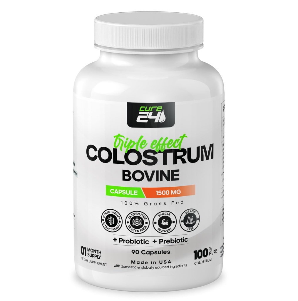 Bovine Colostrum X3 Capsule Supplement for Humans, 100% Pure Whole Natural Grass Fed Superfood, High IgG, Plus Probiotic & Prebiotic, Made in USA
