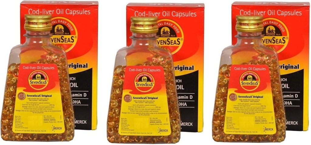 Seenseas Cod Liver Oil 500 cápsulas de softgel (Pack of 3) | 500 * 3=1500 Cápsulas | Vitamina pura | Mellor saúde inmune, ósos saudables e suplementos dietéticos musculares