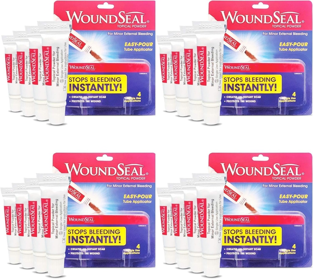 WoundSeal Powder 4 Each (Pack of 4) - Wound Care First Aid for Cuts, Scrapes and Abrasions - Stops Bleeding in Seconds Without Stitches or Bandages