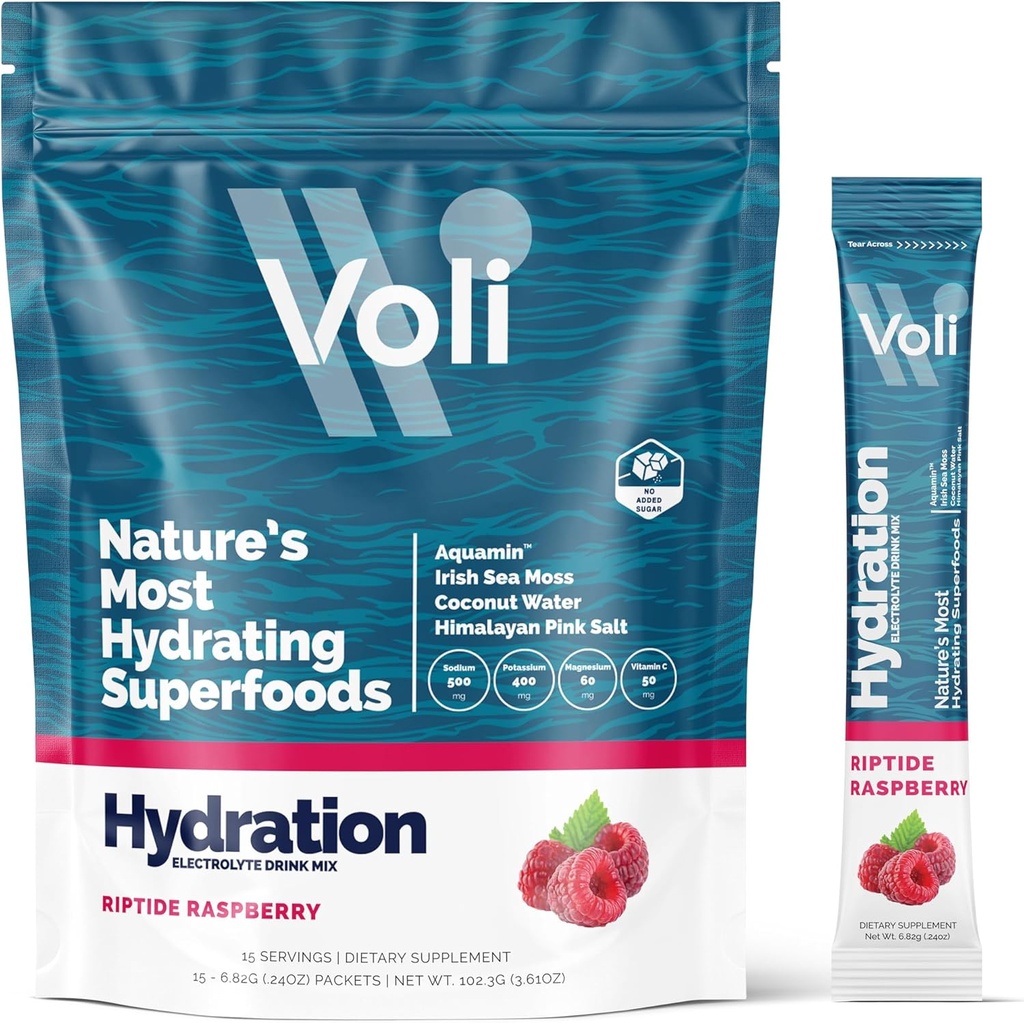 Voli Electrolytes Powder Packaets - 124; No Addited Sugar Electrolyte Drink Mix Hydration - 124; Keto & Fasting Friendly, Natural Superfoods & Minerals 124; Málna 15- Count