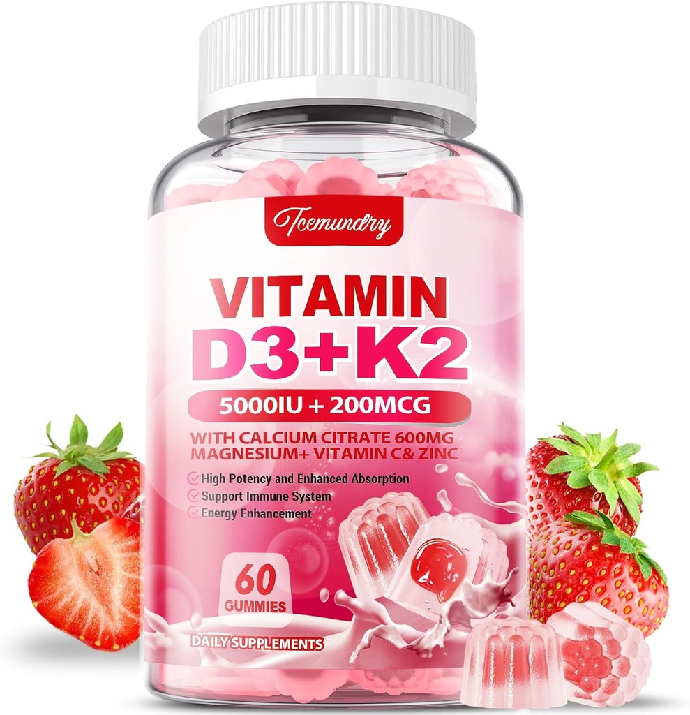 Vitamin D3 K2 Supplement for Adults - Vitamin D3 5000 IU + K2 200 mcg - VIT D3 K2 Gummies with Calcium 600mg Magnesium Zinc & Vitamin C for Women Men - Supports B0ne, Muscle Immune