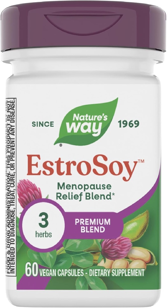 Nature's Way EstroSoy, Menopause Relief Blend*, Menopausal Symptoms*, Black Cohosh, Red Clover 및 Fermented Soy, 60 Vegan 캡슐을 완화하는 데 도움이됩니다.