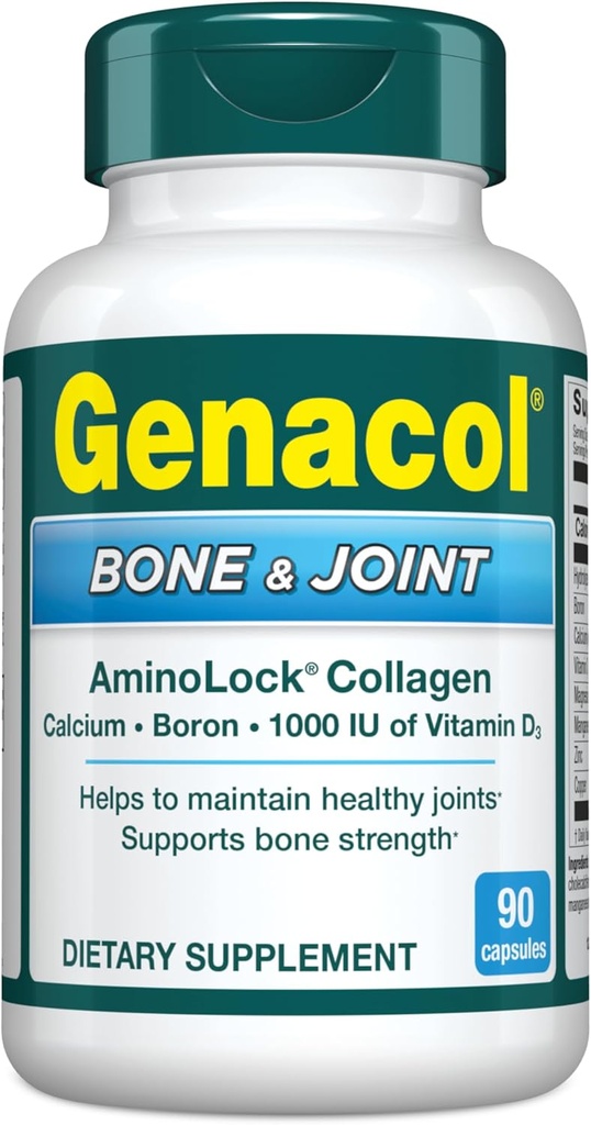 Genacol Bone & Joint - Calcium, vitamina D3, Boron & Ultra-Hydrolyzed Collagen, Suplemento de saúde, soporta forza ósea, 90 cápsulas (30-día de subministración)