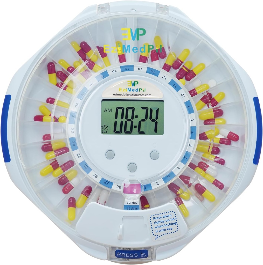 EziMedPil Automatic Pill Dispenser for Elderly " Alzheimer’s Care w/Audio ' Visual Alerts, up to 6 Alarms/Day, easy-Read LCD Display, 6 Dosage Templates, Lock Key for Vitamins, Clear Lid