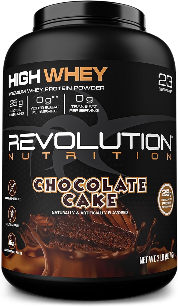 Revolution Nutrition, High Whey, Protein Powder 2LB, Whey Isolate, Gluteeniton, Lean Muscle Mass for Men & Women, 25g Protein Per Scoop, 908 g, 24 Tarjoilut (suklaakakku, 2 punta)