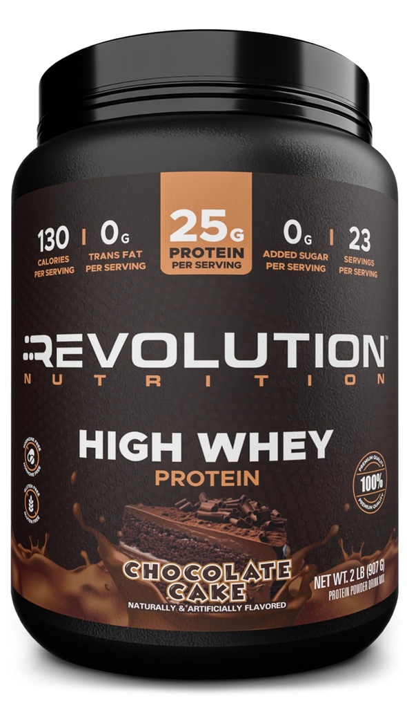 Revolution Nutrition, High Whey, Protein Powder 2LB, Whey Isolate, Gluten Free, Lean Muscle Mass for Men & Women, 25g of Protein Per Scoop, 908 g, 24 Servings (Chocolate Cake, 2 Pound)