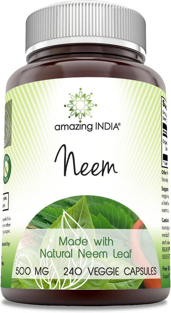 Erstaunlich Indien Neem (Made with Natural Neem Leaf) 500 mg Veggie Kapseln Ergänzung | Non-GMO | Gluten Free | Made in USA | Geeignet für Vegetarier (240)