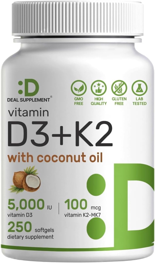 DEL SUPL วิตามิน D35,000 IU + K2 MK7 100 Mcg soulgs | 2-in-1 Complex กับ Virgin Kout Mood   รองรับหัวใจ, กระดูก, เทท & อิมมูน สาธารณสุข |  ง่ายต่อ Single