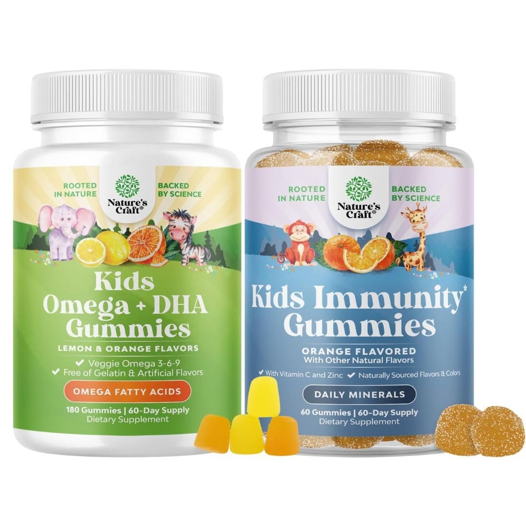 Bundle of Omega DHA Gummies for Kids - Fatty Acids Omega 3 6 9 with Vitamin C for Brain, Immunity & Vision and Kids Immunity Support Gummies - Delicious Vitamin C with Zinc & Echinacea Immune Booster