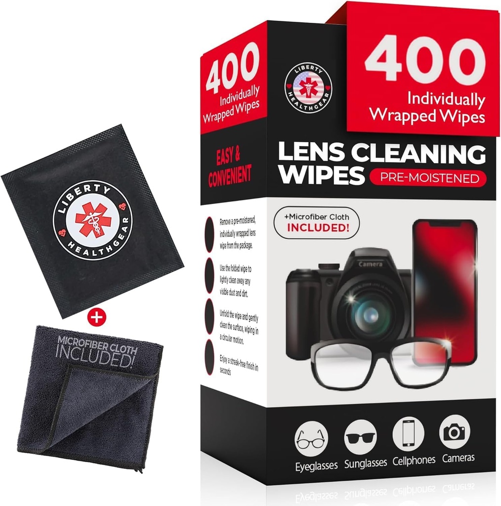 400 Eyecam Temizlik Wipes + Microfiber Kumaş for Eyecames & Lens temizleyici | Pre-Moistated, Bireysel olarak yuvarlandı, Daha Az Alkol Formula | Göz Gözlükleri için Lens Wipes, Lensler & Ekran