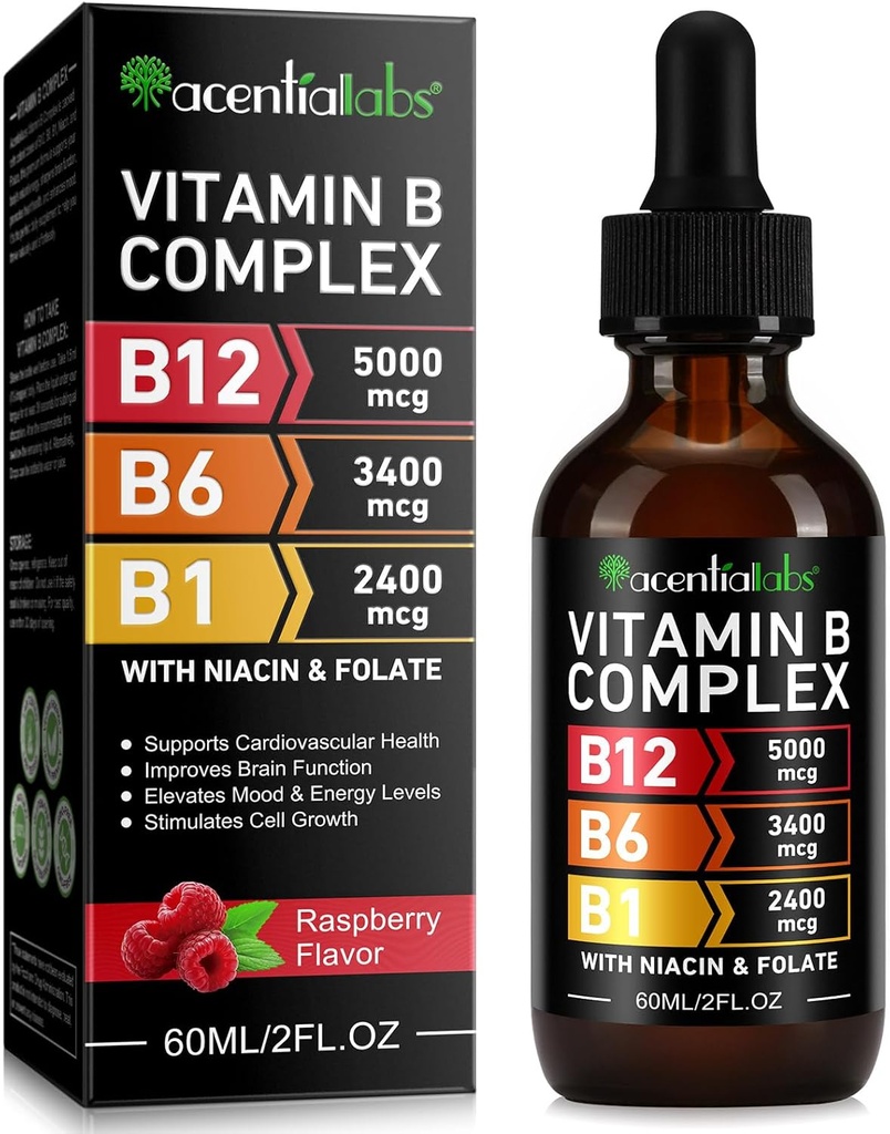 Vitamina B12 gotas líquidas - Vitamina B12 gotas sublinguais orgânicas - Vitamina B-Complexo B5 ácido pantotênico - Vegan B12 Sublingual 5000 mcg com vitamina B6, líquido B12 Metilcobalamina Suporta
