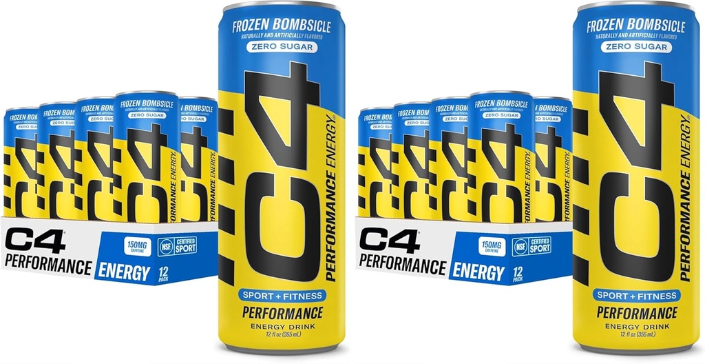C4 Energy Drink 12oz (pakke af 24) - Frossen Bombsicle - Sukker Free Pre Workout Performance Drikke med ingen kunstige farver eller farvestoffer
