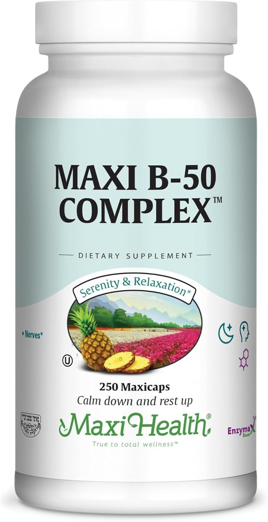 Maxi Health Stress Relief Vitamina B Complex pentru femei și bărbați, Vitamina B6, B12, Biotin, Inositol, Folate, Vegan, Gluten & Soy & Milk Free, Kosher, Unflavored, 100 Count