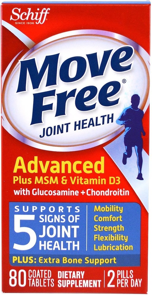 Move Free Glucosamine in Chondroitin Plus MSM & D3 Napredne skupne zdravstvene dopolnilne tablete, (80 štetje v škatli), podpira mobilnost, udobje, moč, prilagodljivost in mazanje* (Pack 3)