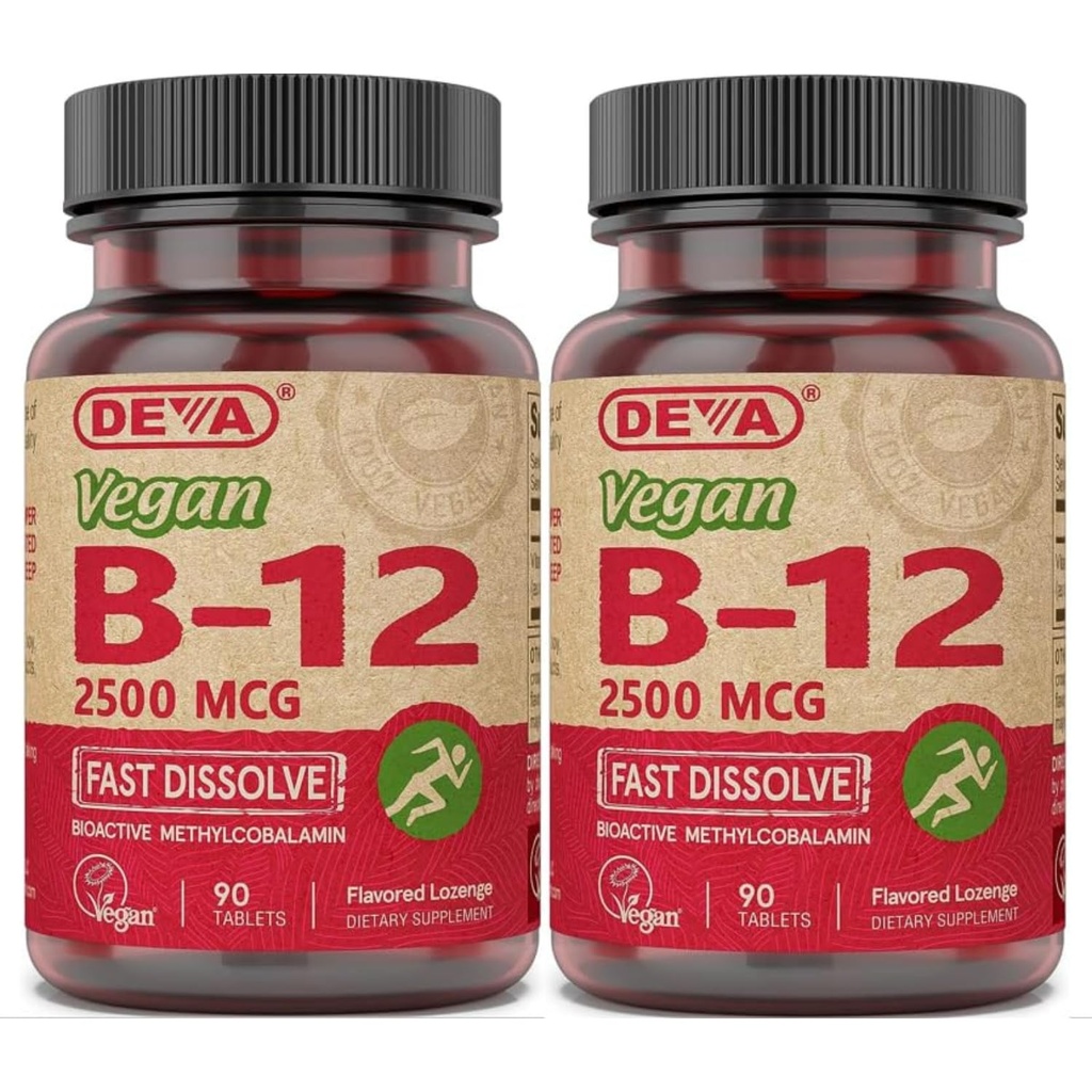 DEVA Vegan Vitamins B-12, High Potency 2500 mcg B12, Fast Dissolve, Sublingual, 90 Tablets (Pack of 2)