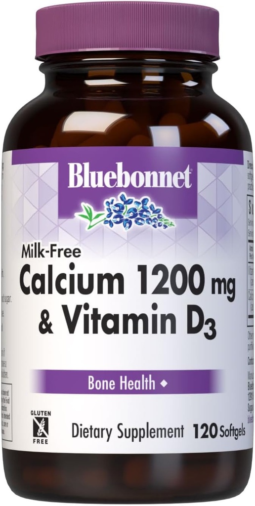 Bluebonnet Nutrition Milk-Free Calcio 1.200 mg Plus Vitamina D3 400 UI - Alta Potência, Absorção Máxima Forte Ossos Saudáveis e Imune Suplemento de Apoio à Saúde, Sem Glúten, Sem Leite, 120 Softgels