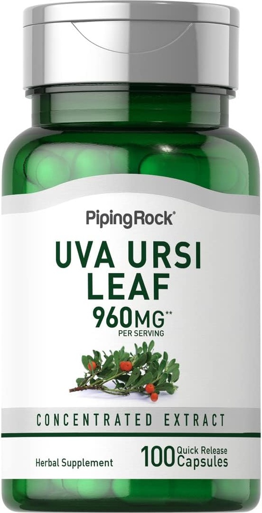 Piping Rock Uva Ursi Capsules | 960mg | 100 Pills | Herb 叶片提取补充 | Non-GMO, Gluten Free