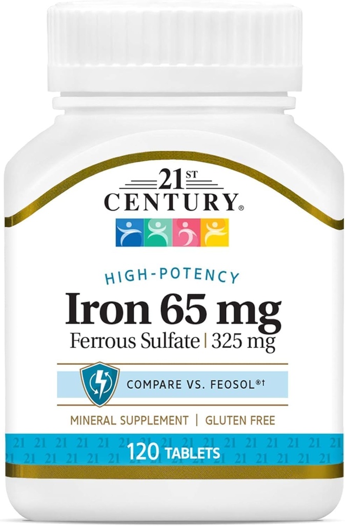21st Century Iron 65 mg Ferrous Sulfate 325 mg Tablets, 120 count