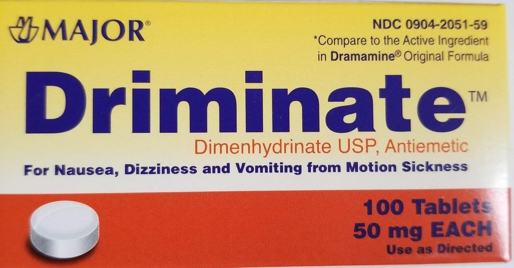 Major Drinate® Dimenhydrinate 50 mg 100 Ct pahoinvointi, huimaus ja oksentelu liikesairaudesta