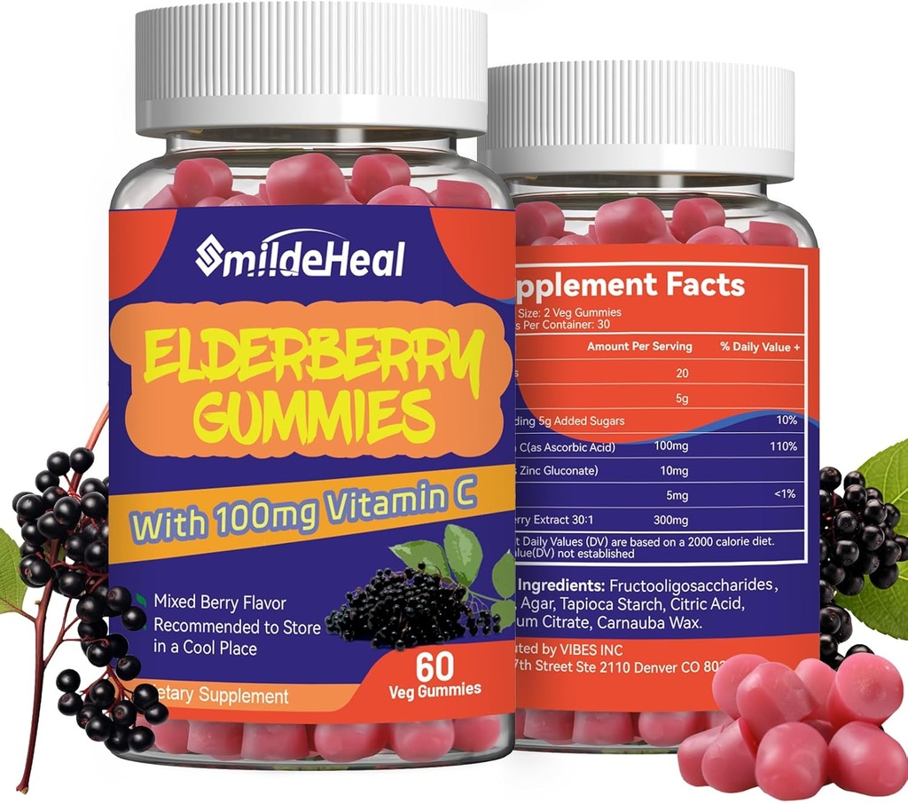 Vlierbessen Gummies, Vlierbessen Extract 300mg, met vitamine C en zink, aardbeiensmaak Gummies, Non-GGO's, Glutenvrij, Vegan-Vriendelijk, Immune Support, 60 Tellen (pakket van 2)