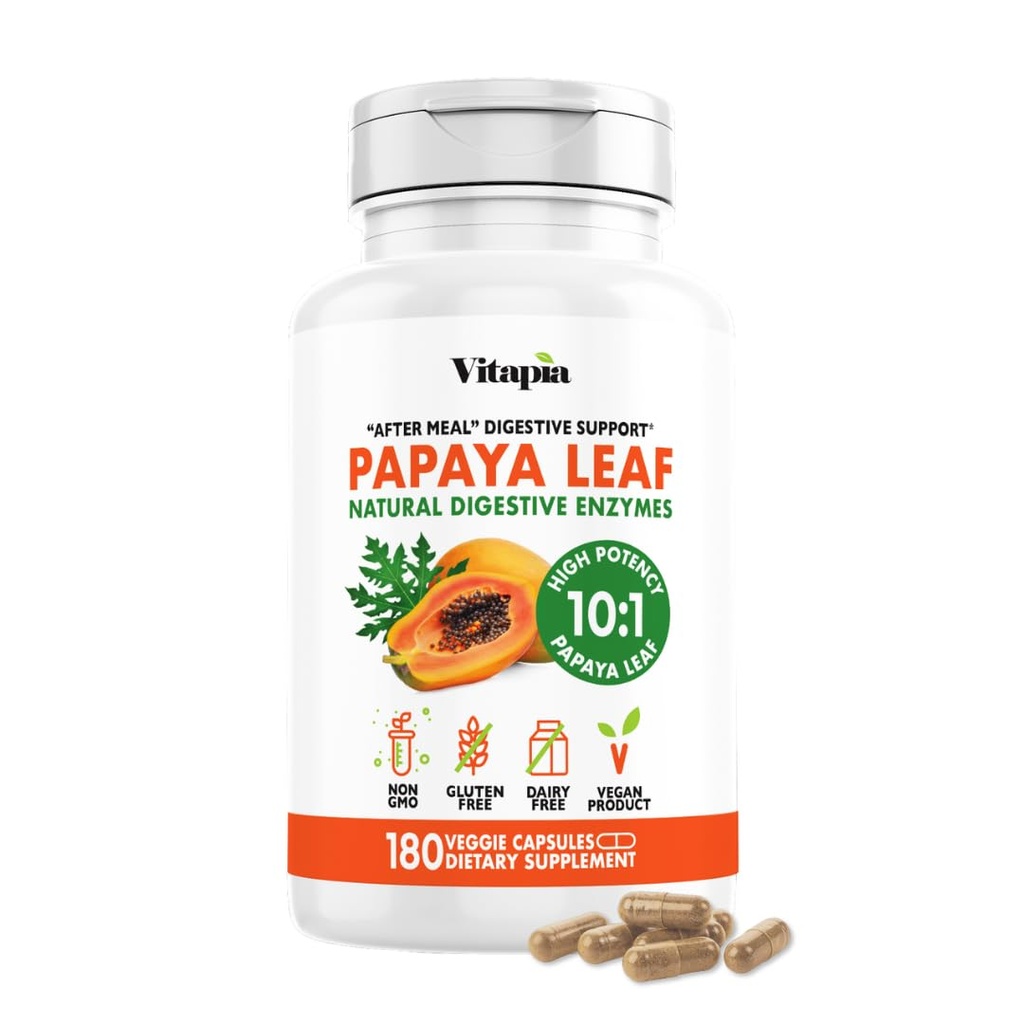 Papaya Leaf 10:1 Extract - Natural Digestive Enzymes for Digestion, Bloating Relief, Immune Support - 1500mg Per Serving - 180 Veggie Capsules - Non-GMO, Gluten-Free, Vegan-Friendly Supplement