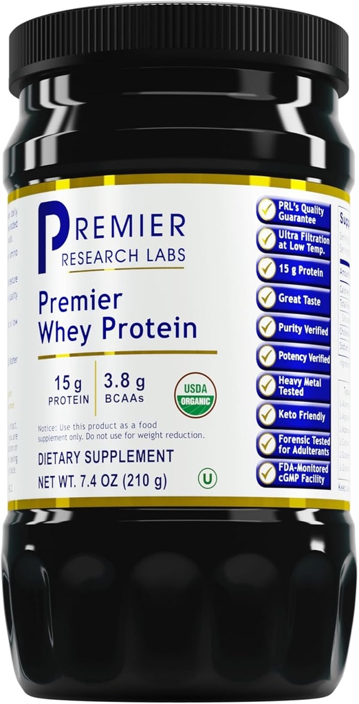 Premier Research Labs Whey Protein - Polvere Premier Whey Protein non aromatizzata, concentrato di proteine del siero organico, Keto Friendly, miscele leggere con bevande, filtro a basso calore - 7.4 Oz