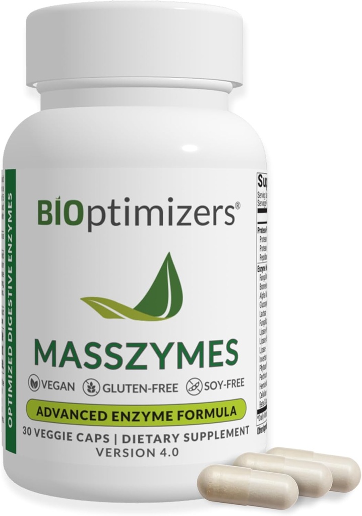 BIOptimizers MassZymes - Complete Digestive Enzimas Suplemento para Gut Health - Bloating Relief for Men and Women - Lipase Amylase Bromelain Digestive Enzimas (30 Cápsulas)