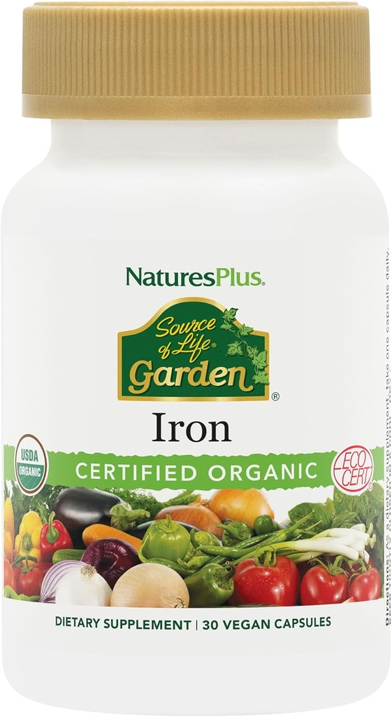 NaturesPlus Kilde til Livshage Certified Organic Family Iron 18 mg Cap - 30 Vegan Capsules - Plantebasert jern Supplement - støtter sunnt blod - vegetarisk, glutenfri - 30 Services