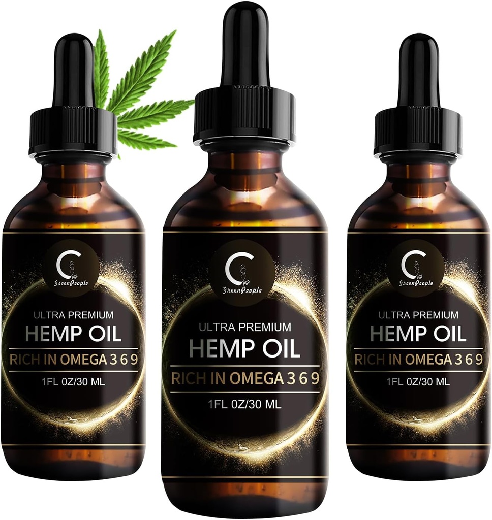 GPGP GreenPeople 3 Pack Natural Hemp Oil Extract, Immuunsysteem Ondersteuning, Ondersteuning Focus en Energie, en ondersteuning Nachtactiviteiten, Pure Extract, rijk aan Omega 3&6&9 vetzuren