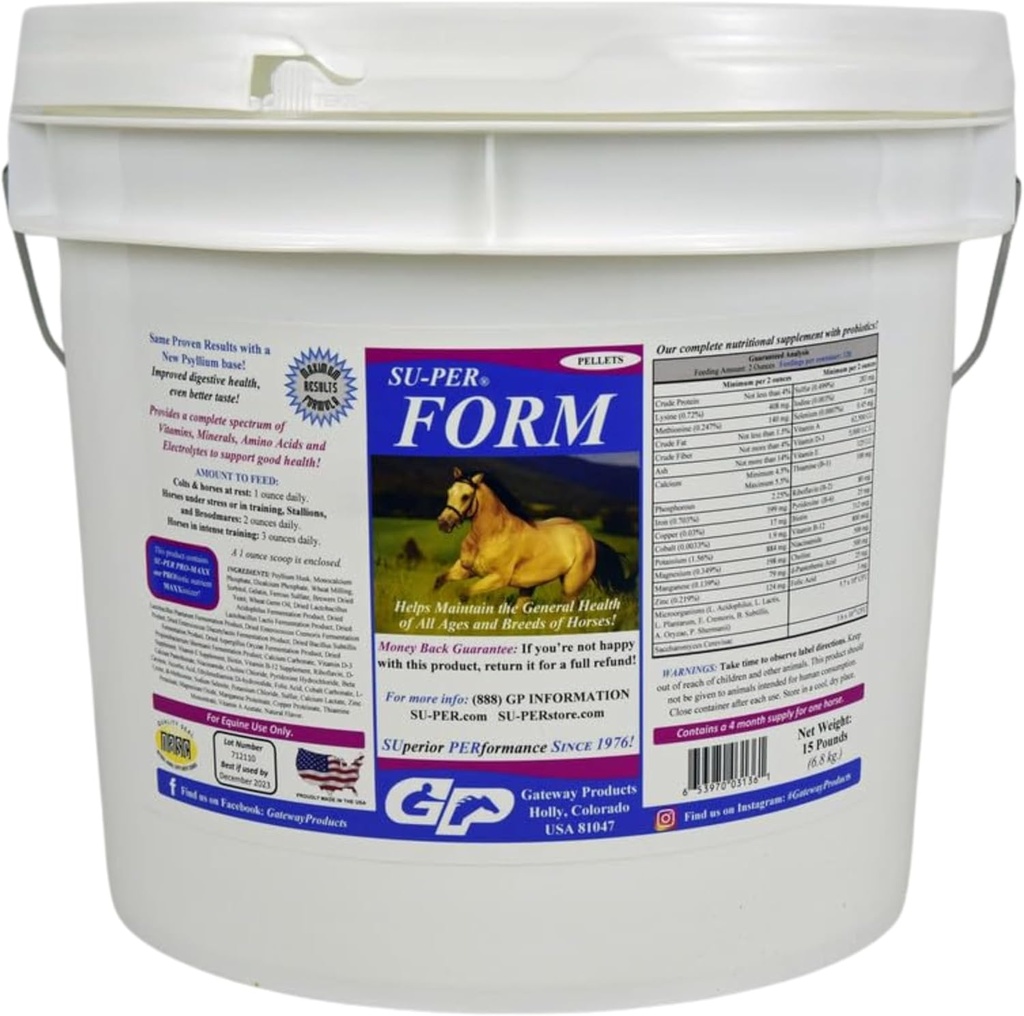 SU- PER Form Horse Vitamins and Minerals Pellets - Táplálkozási kiegészítés probiotikumokkal - Vitaminok, Ásványok, Amino Acids & Elektrolitok - Segít fenntartani az általános egészséget - 15 font, 4 hónap ellátás