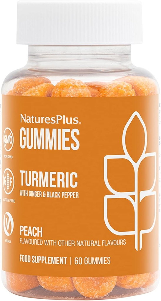 NaturesPlus Gummies Curcumin Açafrão - 60 Gummies, Pêssego - Suporta Joint, Digestivo & Saúde Cardiovascular - Vegan, Sem glúten, Não-GMO - 30 Servings