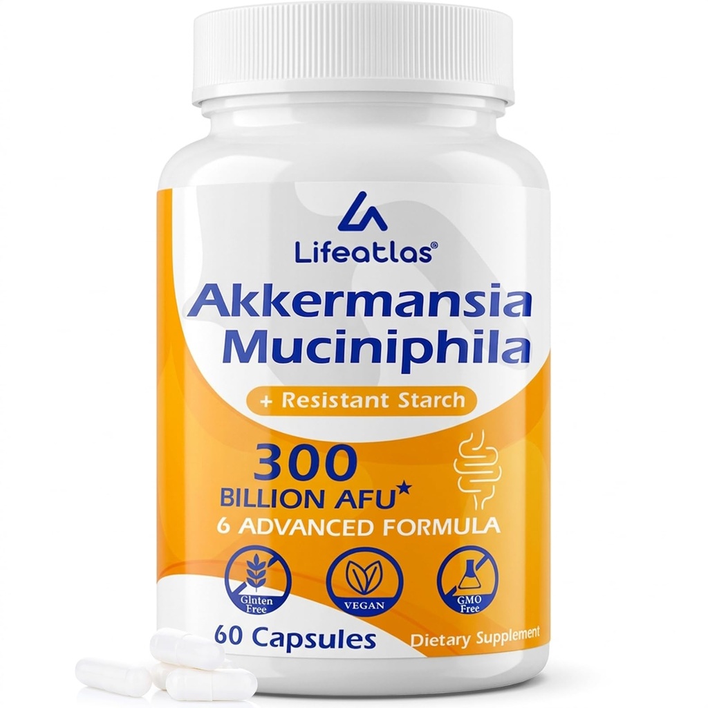Lifeatlas Akkermansia Supplement Probiotic | Akkermansia with 300 Billion AFU Akkermansia Probiotic, 6-in-1 Akkermansia Probiotics for Women and Men, Daily Akkermansia Supplement, 60 Caps