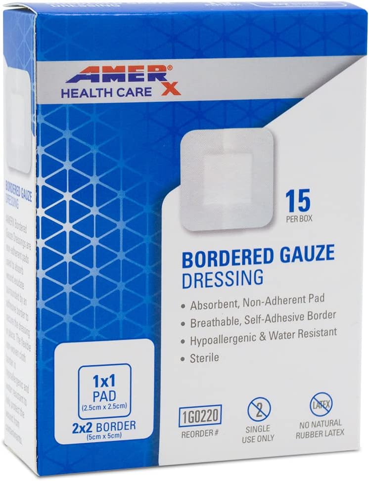 2" x 2" Dressing (1x1 Pad) AMERX Bordered Gauze - Bandages itsasgarria - Ur-hesi erresistentea - Bere ertz itsasgarria - Arnasgarria, Hipoalergenikoa - 15 Pad Per Box