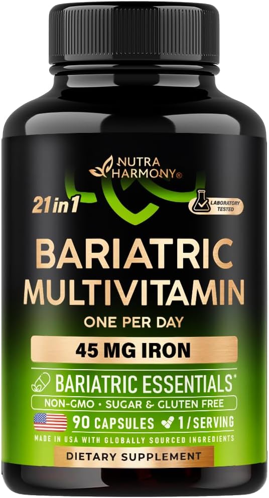 NUTRAHARMONY Bariatric Multivitamin - 45 mg Železné doplňky - Vyrobeno v USA - pro ženy a muže - All- in- One, 21 esenciální vitaminy - Podpora gastrických rukávů - Light Tropical Flavor - 90 Kapsle