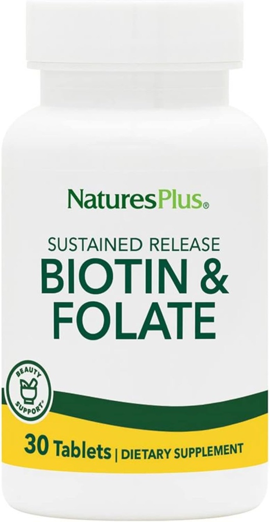 Natures Plus Biotin & Folic Acid (Methylfolate), 持续释放 - 30个植物药片 - 维生素B7 & Vitamin B9, 支持毛发生长, 能量促进器, 产前维生素 - 无葡萄糖 - 30种服务