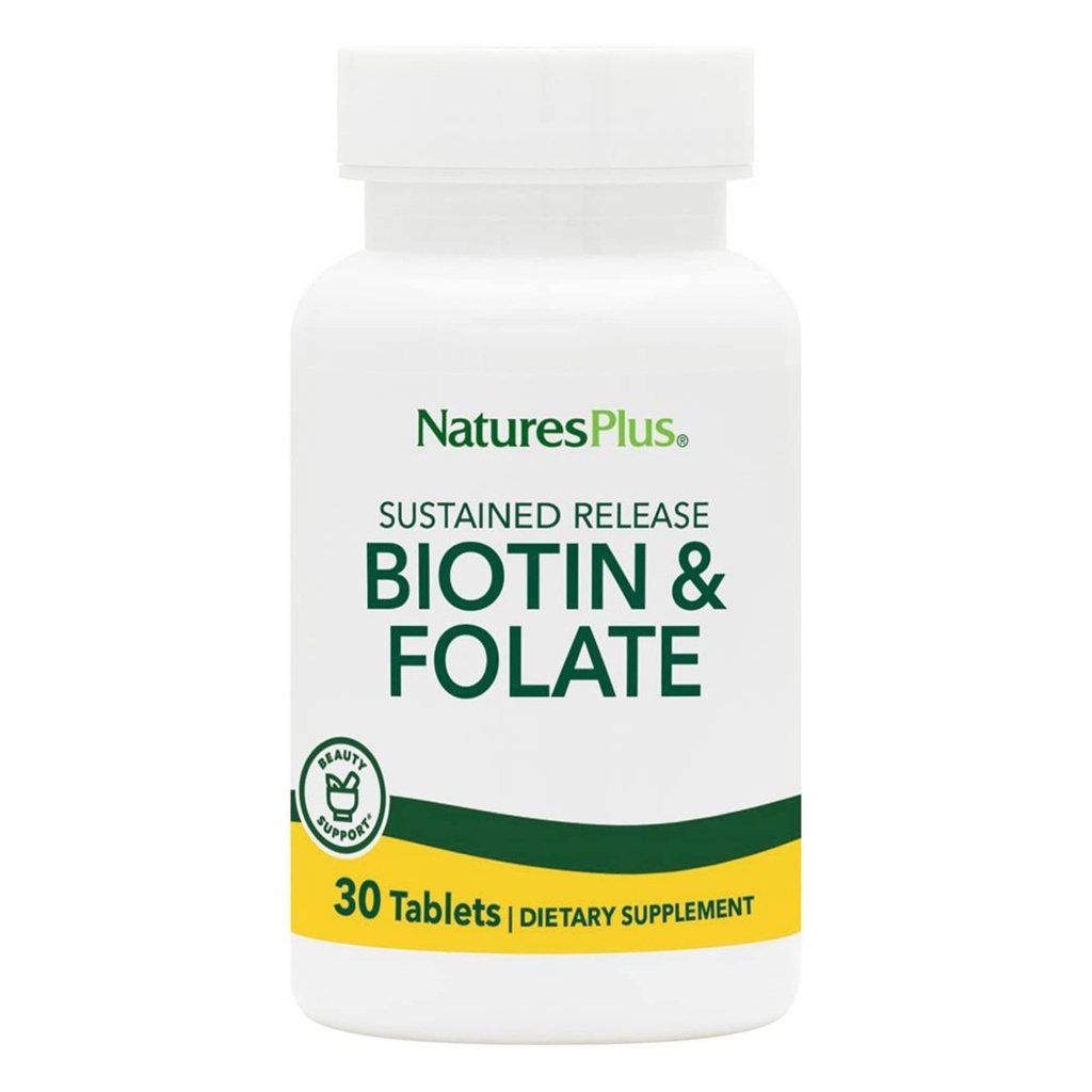 NaturesPlus Biotin & Folic Acid (Folate) - 30 Sustained Release Tablets - Vitamin B Complex for Energy, Beauty, Metabolism & Immune Health - Supports Healthy Skin, Nails & Hair - 30 Servings