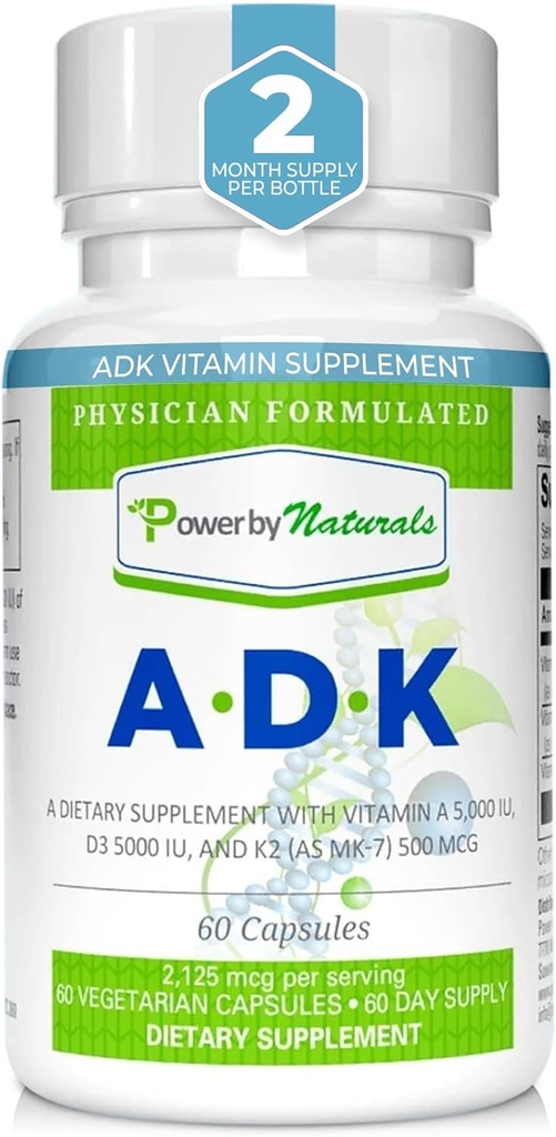 Power By Naturals ADK bitamina osagarria - VIT A D3 K2 bitamina 5000 iu - Support Bone, Heart & Inmune Health - 60 kapsula (2 Hileko hornidura)