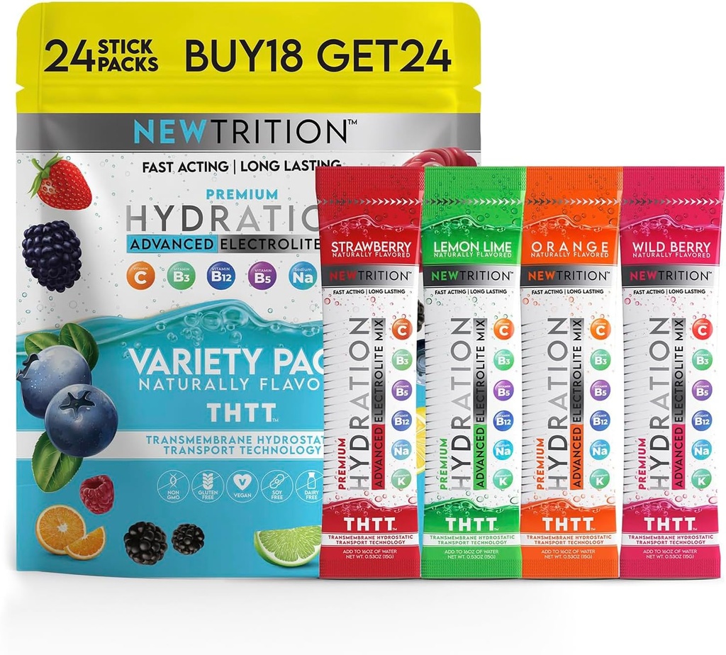 Hydration Powder, 4 Flavors, Pack of 24 Electrolyte Powder Packets, Naturally Flavored Hydrating Packets for Water, Fast Acting Hydrate Electrolytes with Vitamins B clC, Energy & Recovery