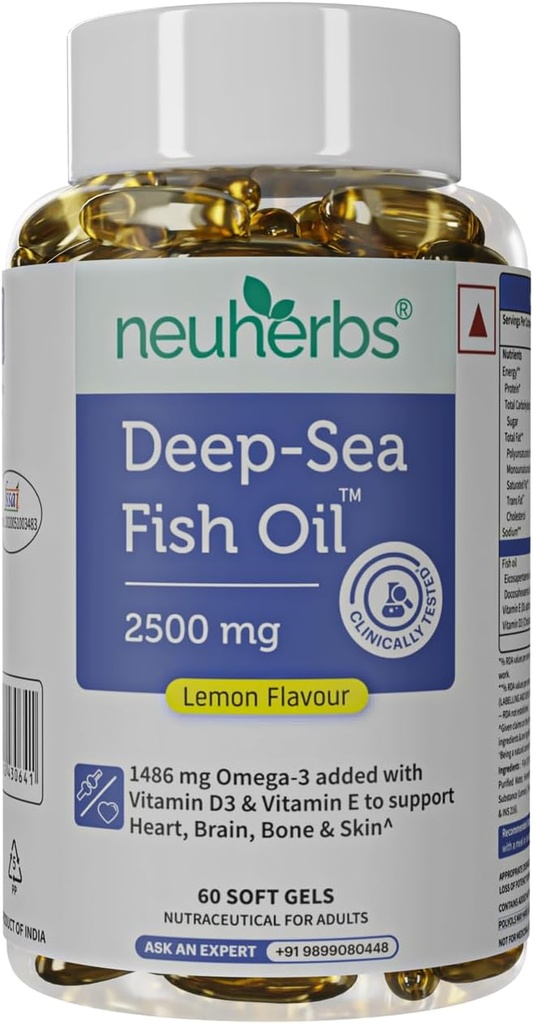 Neuherbs Deep Sea Fish Oil (60 Softgels) Omega 3 Supplement Triple Styrke 2500 Mg for muskler, ledd, hjerte og kognitiv støtte | Ingen fiskelig Burps med sitron flavour for menn og kvinner | (pakke med 1)