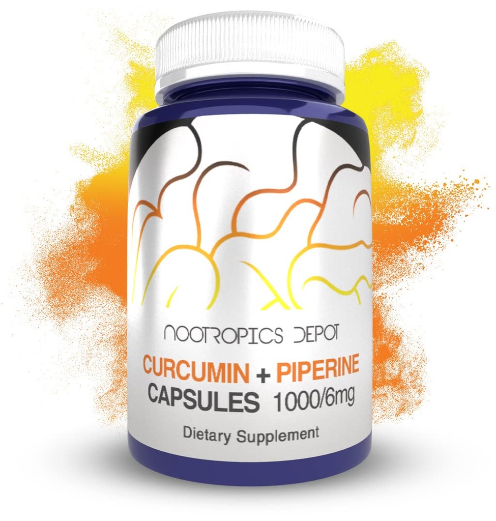 Nootropics Depot Curcumin + Piperine Capsules | 1000mg Curcumin + 6mg Piperine | 60 Count