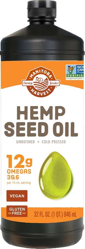 Manitoba Harvest Hemp Seed Oil, 32 fl oz | Cold-Pressed, Premium Quality, 12 g of Omegas 3 and 6 Per 15 mL Serving, Great for Cooking, Non-GMO, Vegan, Gluten-Free