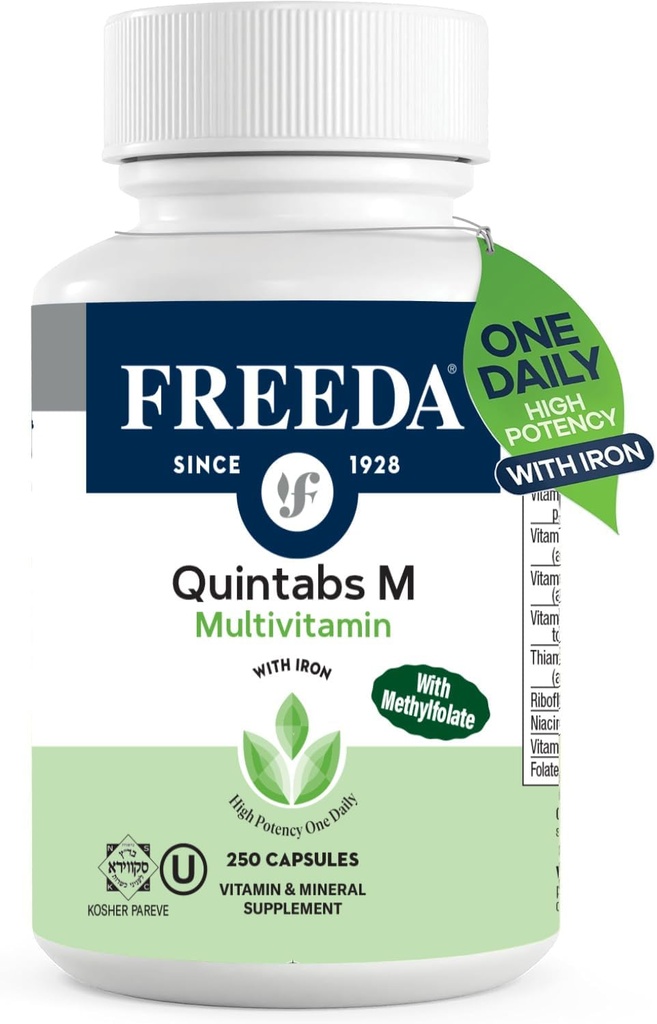 FREEDA Multivitamin One Daily – Quintabs-M com Ferro – Kosher Multi Vitaminas Suplementos para a Saúde da Mulher - Multivitamins para Mulheres & Homens com deficiência de Ferro Vitaminas Multivitamin adultos (250)