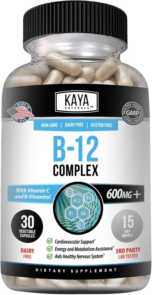 Kaya Naturals B-12 Complex | 여성용 Multivitamin 보충 교재 & 남성 에너지 및 대사증폭기 | B-Complex Vitamin with Biotin, Choline, Inositol, Folate 및 비타민 C - 30 캡슐