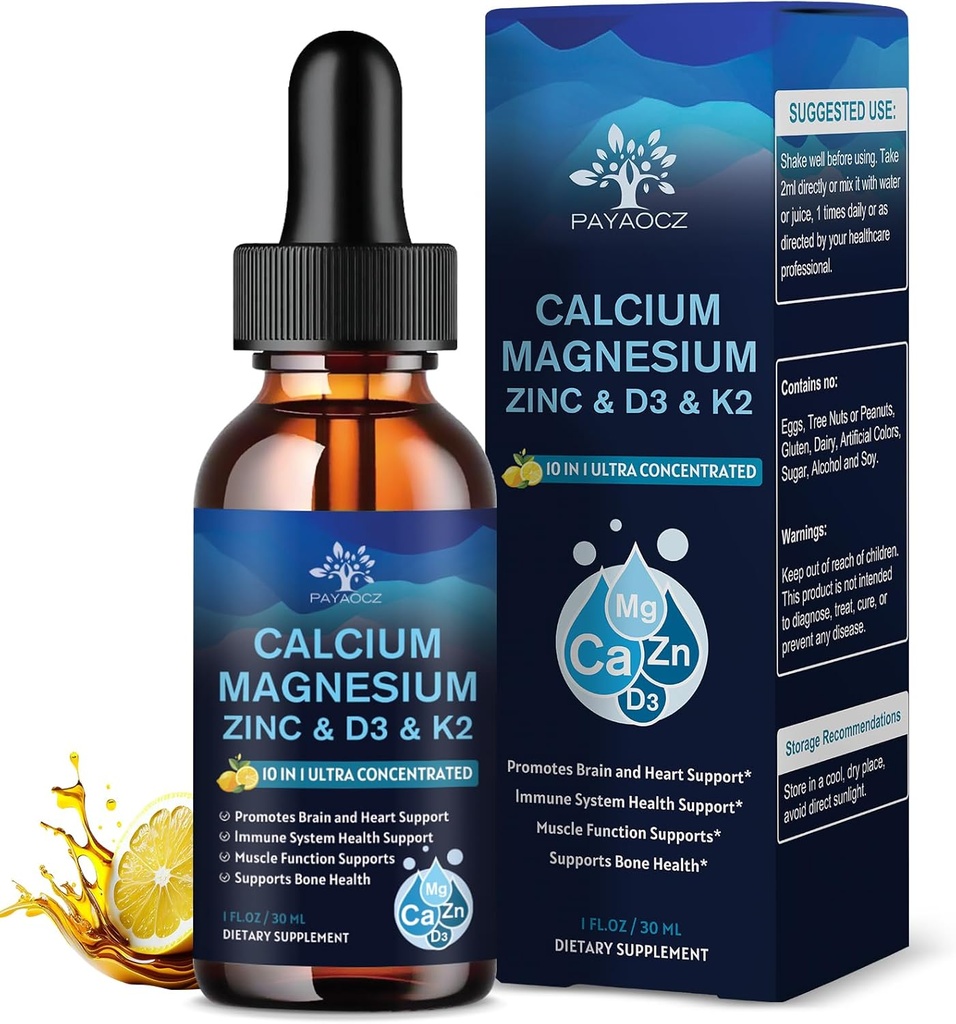 (1 Pack) Magnésio cálcio Zinco Suplemento com vitamina D3 K2 para as mulheres, Magnésio Glycinate Vegan líquido gotas para adulto Plus L-Theanina Boron Sea Moss Extract, osso, sono & pernas Cães, 1 Fl Oz